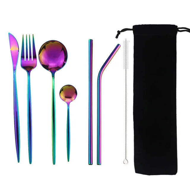8Pcs/set Tableware Reusable Travel Cutlery Set Camp Utensils Set with stainless steel Spoon Fork Chopsticks Straw Portable case