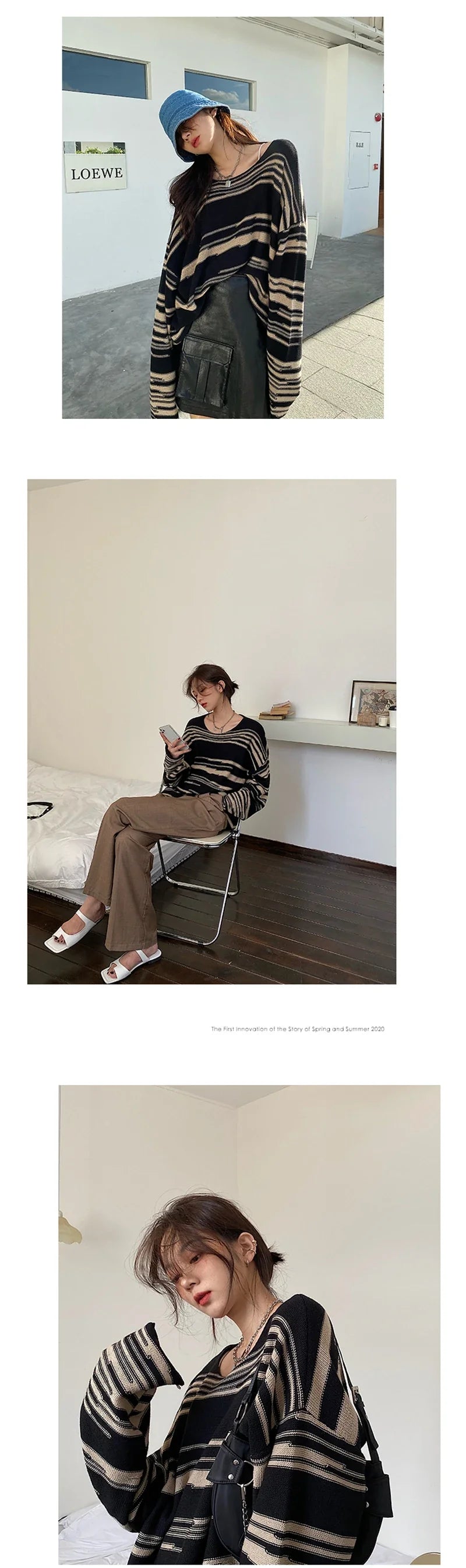 LMQ NEW Women Punk Gothic Striped Long Sleeve Loose Patchwork Sweater Hip Hop Retro Oversize Pullover Casual Knitted Jumpers