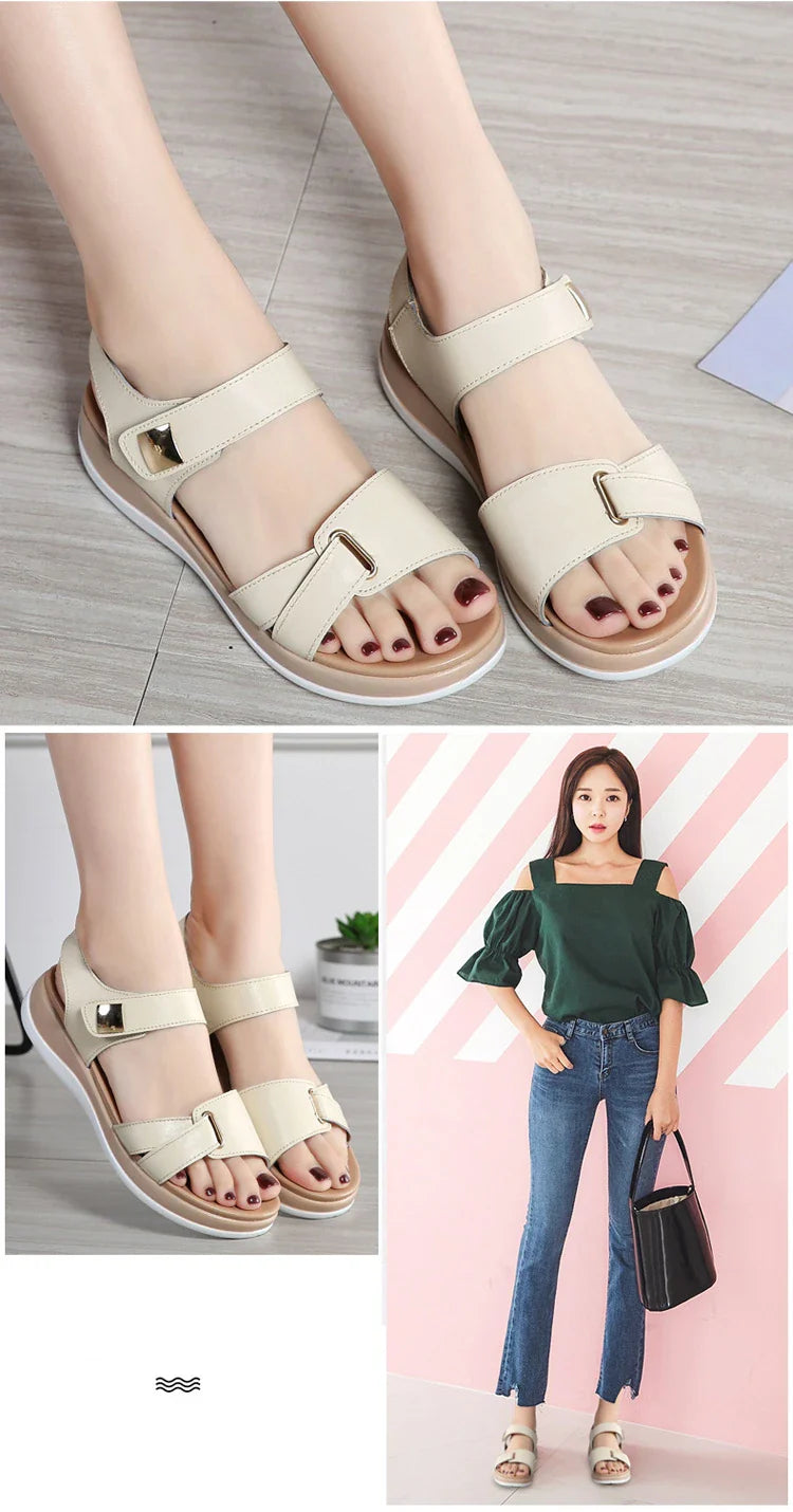 WOIZGIC Women Female Ladies Mother Genuine Leather Shoes Sandals Flats Soft Hook Loop Korean Bling Summer Beach Size 35-40