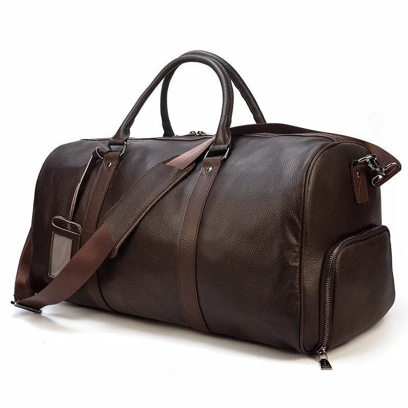 Big Capacity Genuine Leather Travel Bag For Men Women Soft Black Cowhide Casual Travel Duffel Large Luggage Weekend Shoulder Bag