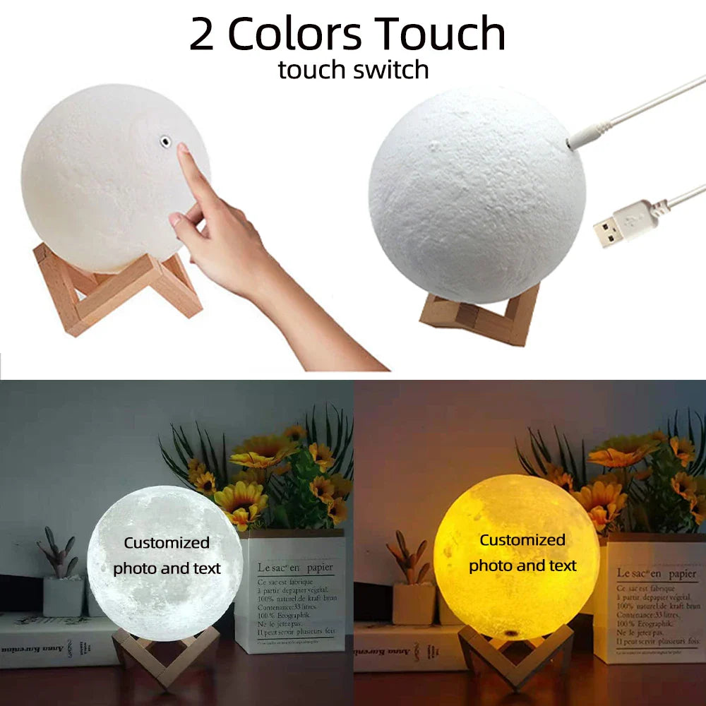 Personalized 3D Printing Moon Lamp Customized Photo Text Night Light USB Rechargeable Birthday Mother Day Valentine's Lunar Gift