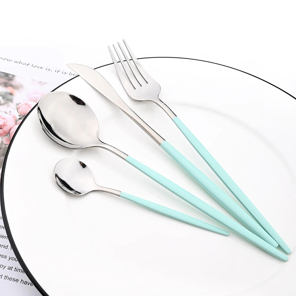 Drmfiy Pink Silver Stainless Steel Dinnerware Set Fork Knife Soup Ice Spoon Cutlery Set Western Flatware Kitchen Silverware Set