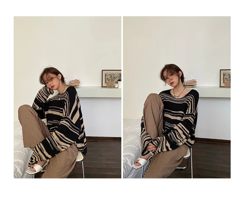 LMQ NEW Women Punk Gothic Striped Long Sleeve Loose Patchwork Sweater Hip Hop Retro Oversize Pullover Casual Knitted Jumpers