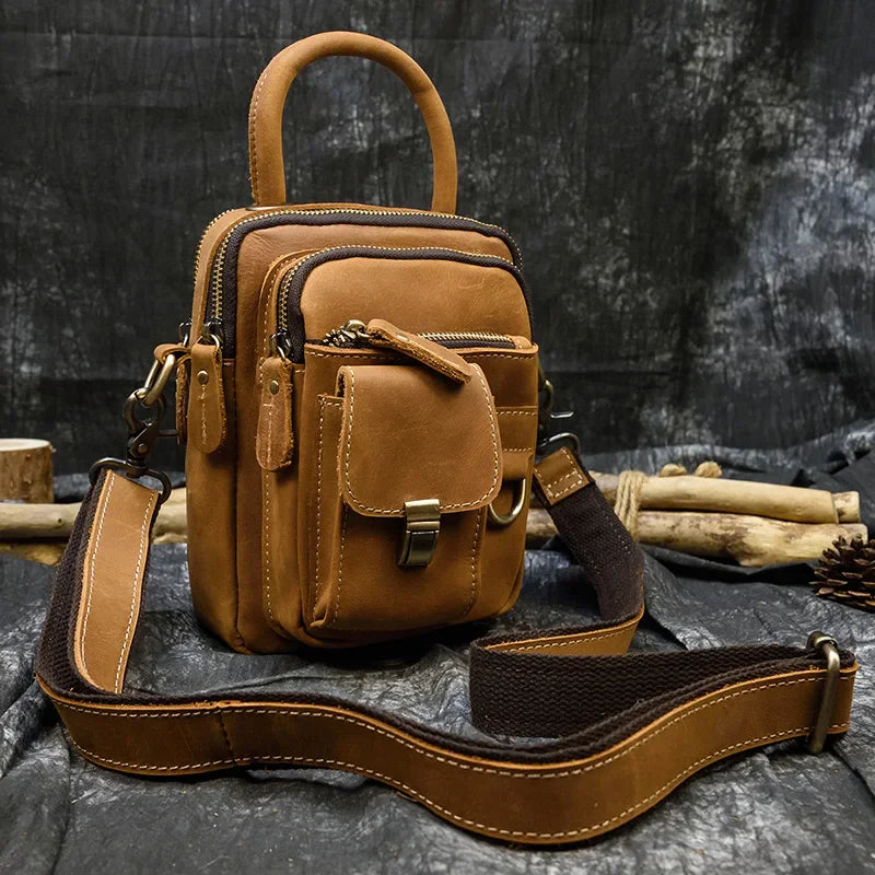 MAHEU Super Quality Men's Mini Shoulder Bag Genuine Leather Phone Pouch On Belt Small Crossbody Bag With Handle Outdoor Bag
