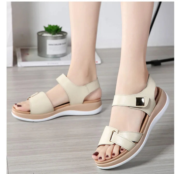 WOIZGIC Women Female Ladies Mother Genuine Leather Shoes Sandals Flats Soft Hook Loop Korean Bling Summer Beach Size 35-40