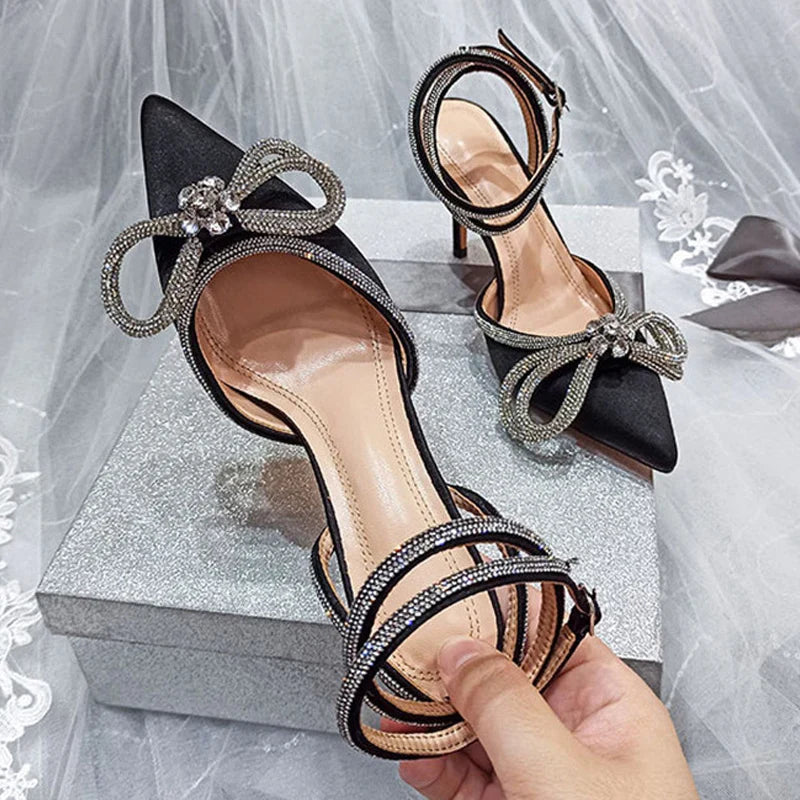 2025 New Fashion Glitter Rhinestones Women Pumps Crystal Bowknot Silk Pointed Toe Buckle Strap Thin High Heels Party Prom Shoes