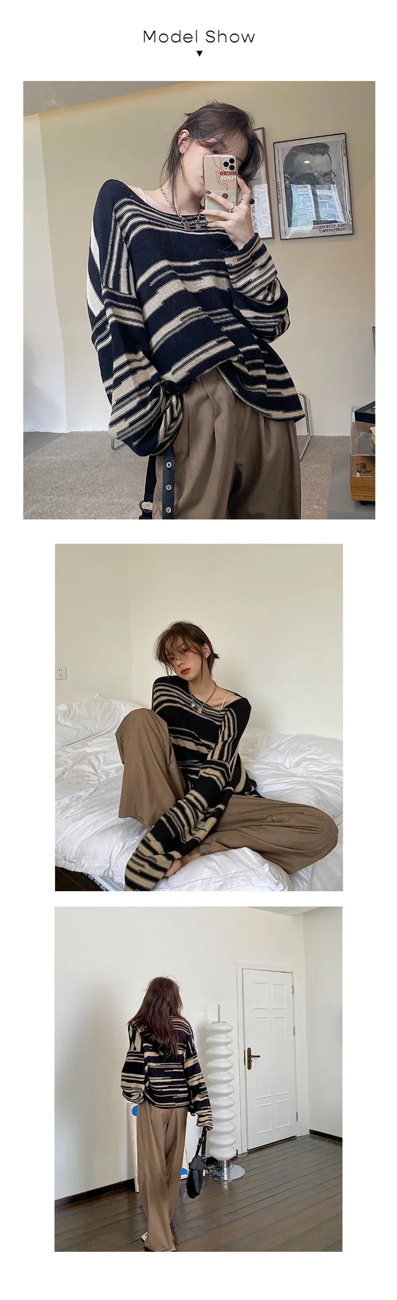 LMQ NEW Women Punk Gothic Striped Long Sleeve Loose Patchwork Sweater Hip Hop Retro Oversize Pullover Casual Knitted Jumpers