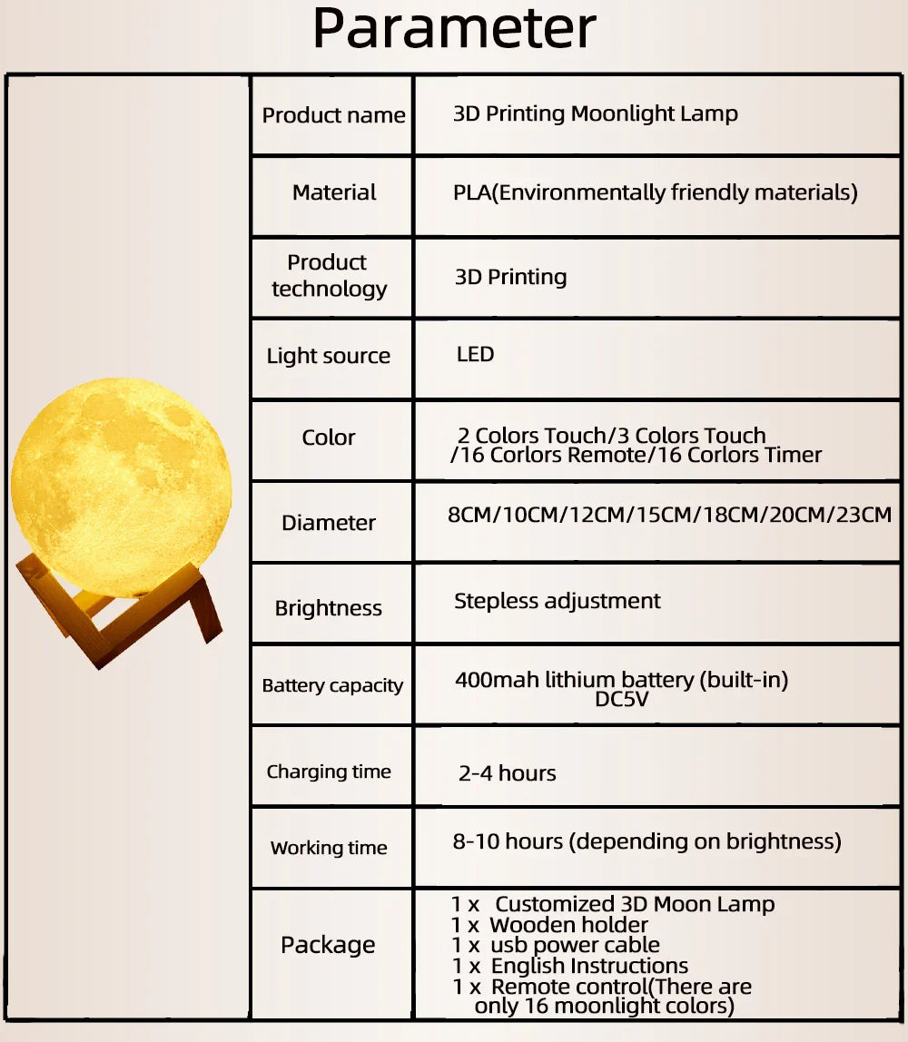 Personalized 3D Printing Moon Lamp Customized Photo Text Night Light USB Rechargeable Birthday Mother Day Valentine's Lunar Gift