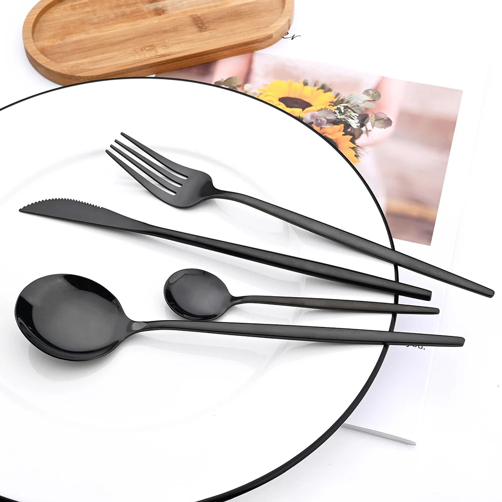 Drmfiy Pink Silver Stainless Steel Dinnerware Set Fork Knife Soup Ice Spoon Cutlery Set Western Flatware Kitchen Silverware Set