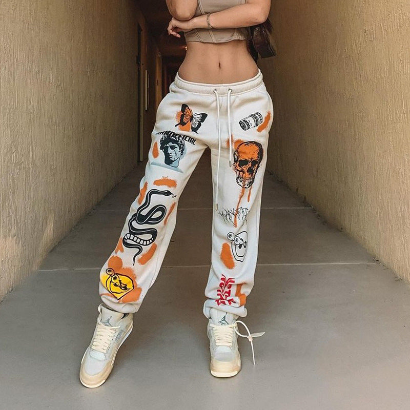 Sweatpants Women Hippie Cartoon Printed Trouser Joggers for Women Drawstring Cargo Pants Streetwear Casual Sweatpant Vamos Todos