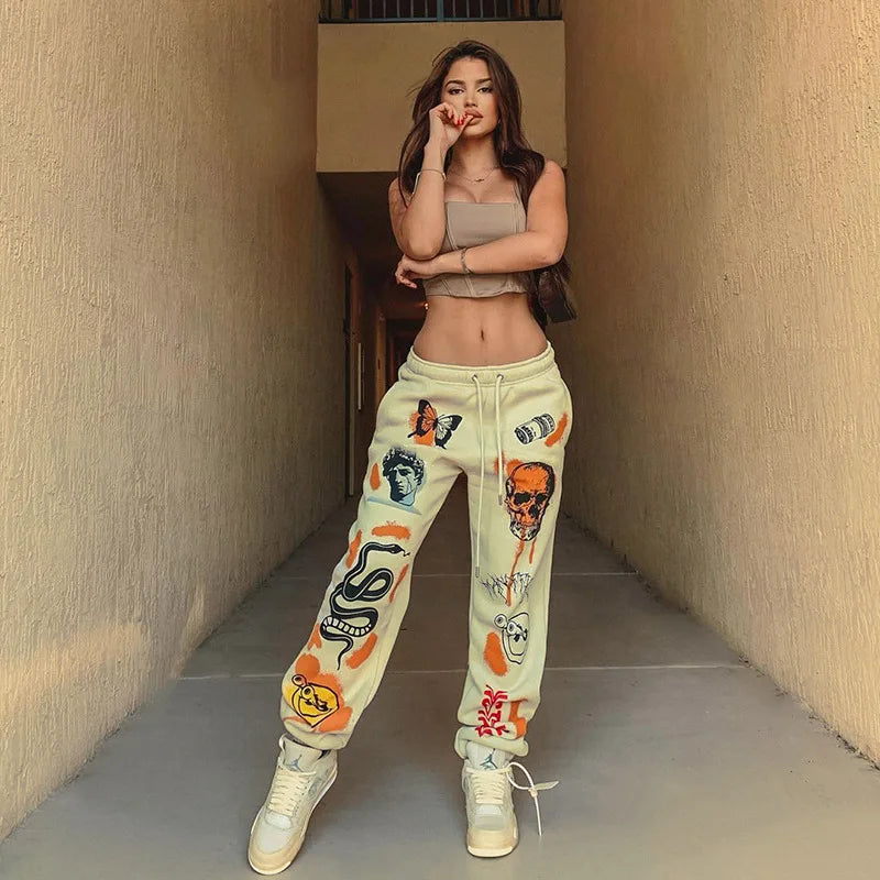 Sweatpants Women Hippie Cartoon Printed Trouser Joggers for Women Drawstring Cargo Pants Streetwear Casual Sweatpant Vamos Todos