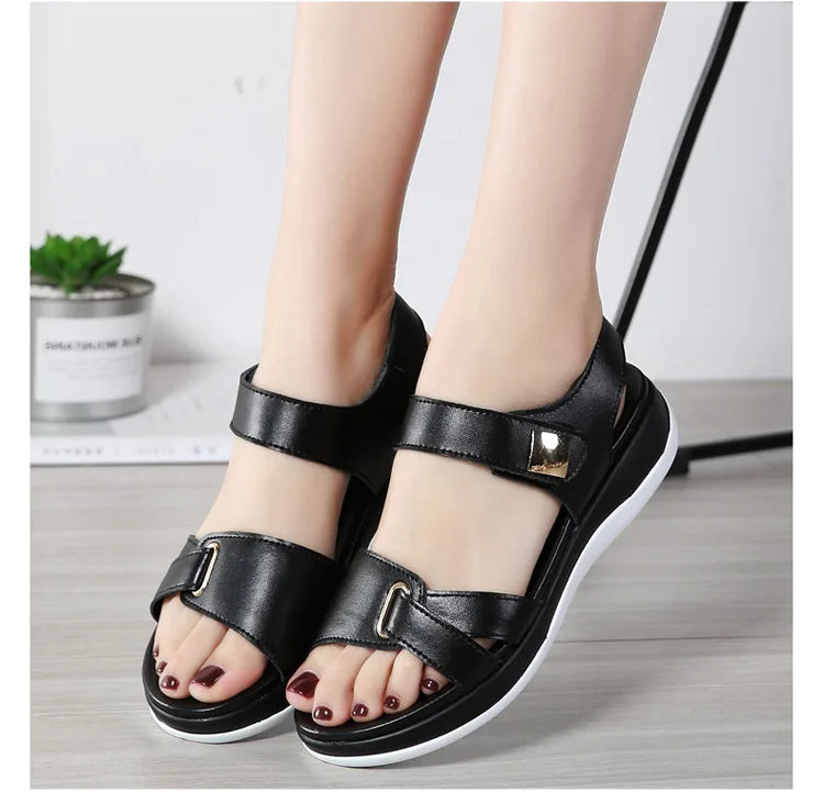 WOIZGIC Women Female Ladies Mother Genuine Leather Shoes Sandals Flats Soft Hook Loop Korean Bling Summer Beach Size 35-40