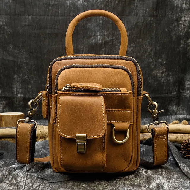 MAHEU Super Quality Men's Mini Shoulder Bag Genuine Leather Phone Pouch On Belt Small Crossbody Bag With Handle Outdoor Bag