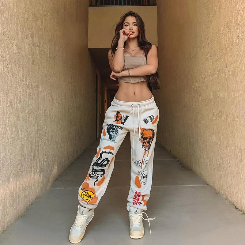 Sweatpants Women Hippie Cartoon Printed Trouser Joggers for Women Drawstring Cargo Pants Streetwear Casual Sweatpant Vamos Todos