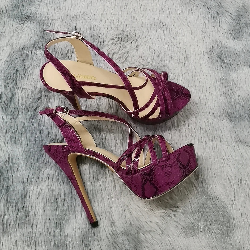 LOSLANDIFEN 2026 NEW 14CM Open Toe Platform High Heels Snake Pattern Sandals Sexy Ankle Strap Gladiator Party Dress Women Shoes