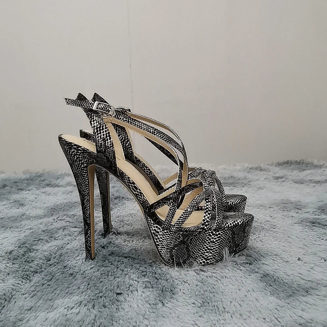 LOSLANDIFEN 2026 NEW 14CM Open Toe Platform High Heels Snake Pattern Sandals Sexy Ankle Strap Gladiator Party Dress Women Shoes