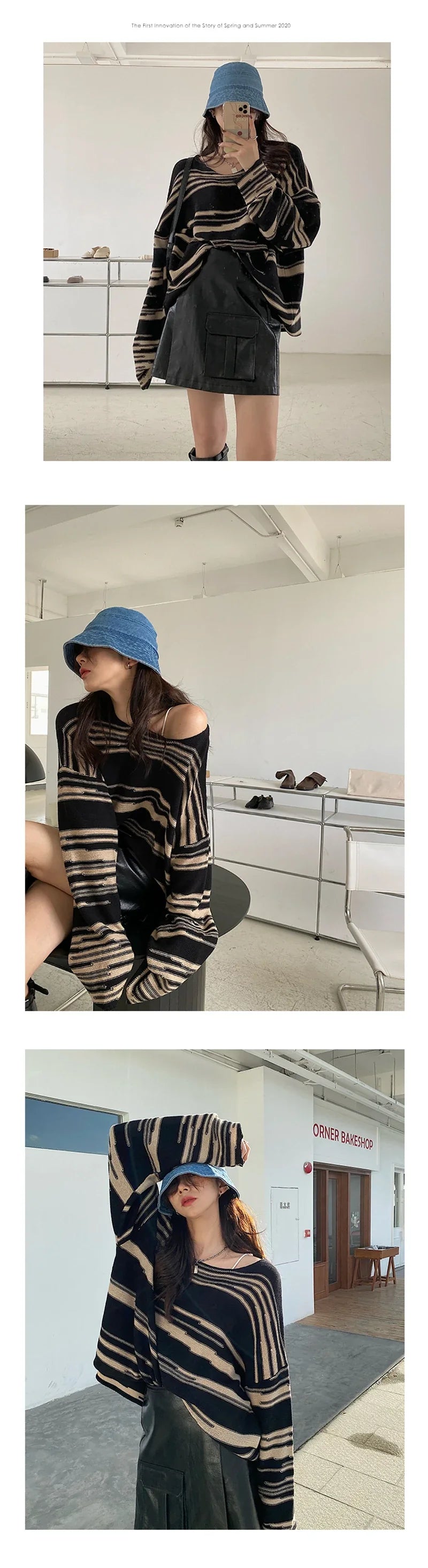 LMQ NEW Women Punk Gothic Striped Long Sleeve Loose Patchwork Sweater Hip Hop Retro Oversize Pullover Casual Knitted Jumpers