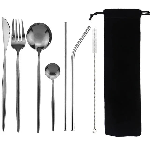 8Pcs/set Tableware Reusable Travel Cutlery Set Camp Utensils Set with stainless steel Spoon Fork Chopsticks Straw Portable case