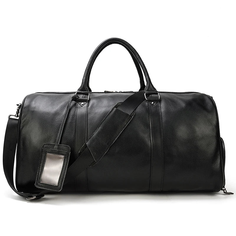 Big Capacity Genuine Leather Travel Bag For Men Women Soft Black Cowhide Casual Travel Duffel Large Luggage Weekend Shoulder Bag