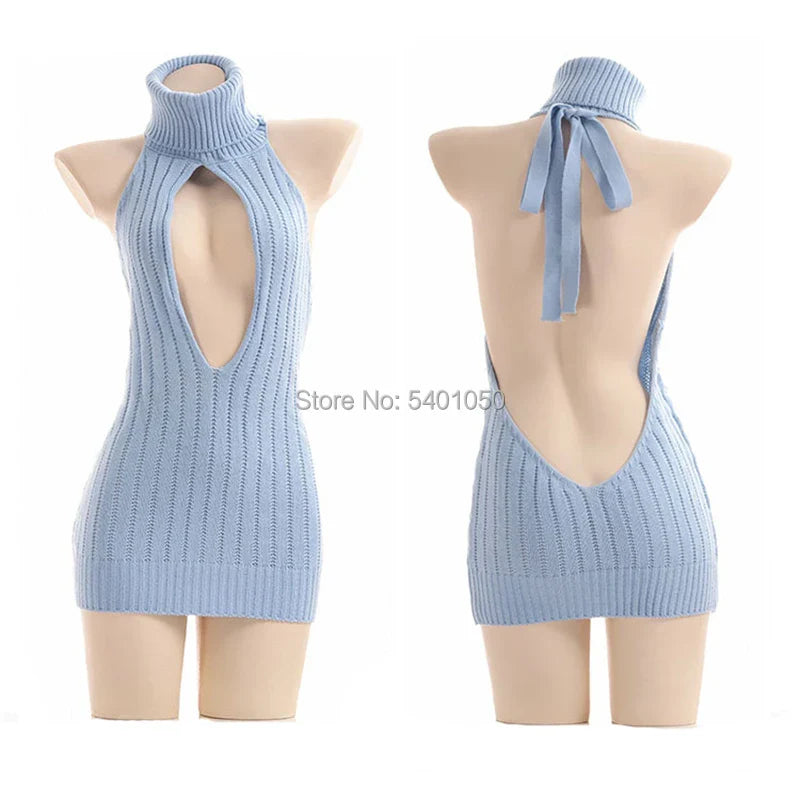 Sexy Open Chest Sweaters  Black Halter Knitted Sweater White Sexy Pullover Women Tops Slim V Neck Long Sleeve Femme