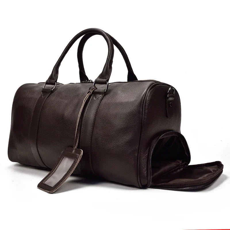 Big Capacity Genuine Leather Travel Bag For Men Women Soft Black Cowhide Casual Travel Duffel Large Luggage Weekend Shoulder Bag