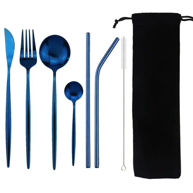 8Pcs/set Tableware Reusable Travel Cutlery Set Camp Utensils Set with stainless steel Spoon Fork Chopsticks Straw Portable case