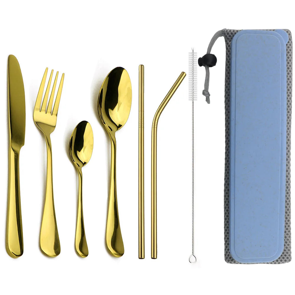 Portable Dinnerware Set Knife Fork Spoon Metal Straw Cutlery Set Tableware With Box Bag For Travel Hiking Picnic Dinner Set