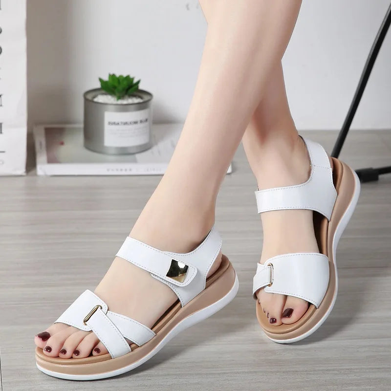 WOIZGIC Women Female Ladies Mother Genuine Leather Shoes Sandals Flats Soft Hook Loop Korean Bling Summer Beach Size 35-40