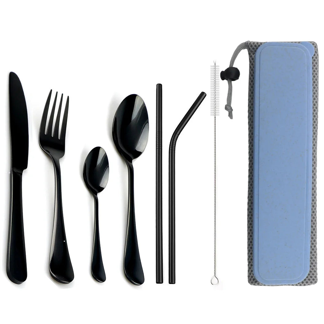 Portable Dinnerware Set Knife Fork Spoon Metal Straw Cutlery Set Tableware With Box Bag For Travel Hiking Picnic Dinner Set