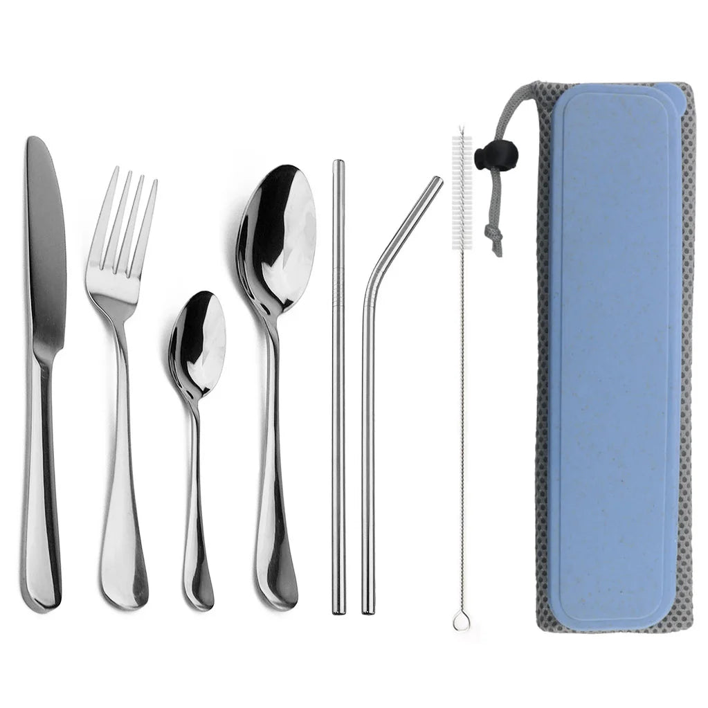 Portable Dinnerware Set Knife Fork Spoon Metal Straw Cutlery Set Tableware With Box Bag For Travel Hiking Picnic Dinner Set