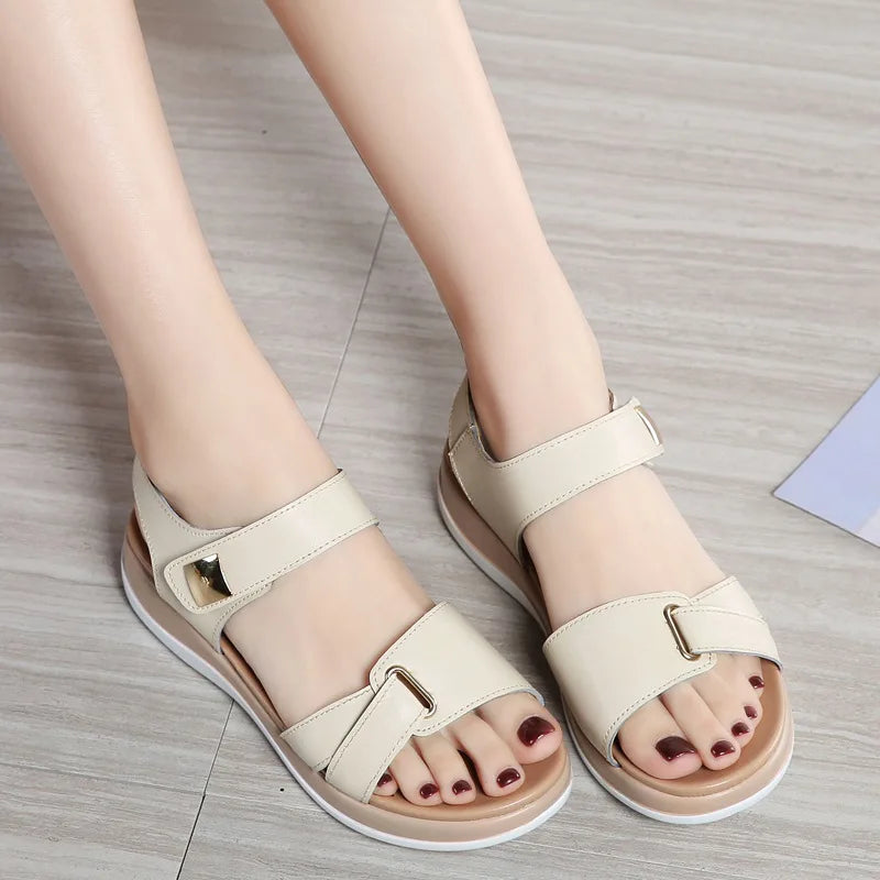 WOIZGIC Women Female Ladies Mother Genuine Leather Shoes Sandals Flats Soft Hook Loop Korean Bling Summer Beach Size 35-40