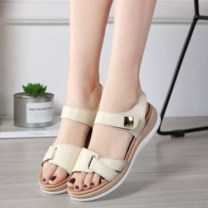 WOIZGIC Women Female Ladies Mother Genuine Leather Shoes Sandals Flats Soft Hook Loop Korean Bling Summer Beach Size 35-40