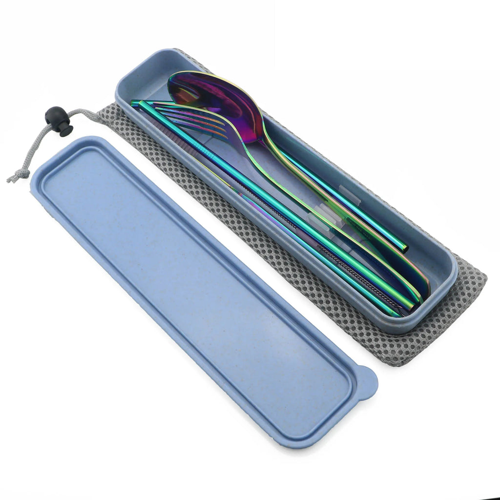 Portable Dinnerware Set Knife Fork Spoon Metal Straw Cutlery Set Tableware With Box Bag For Travel Hiking Picnic Dinner Set