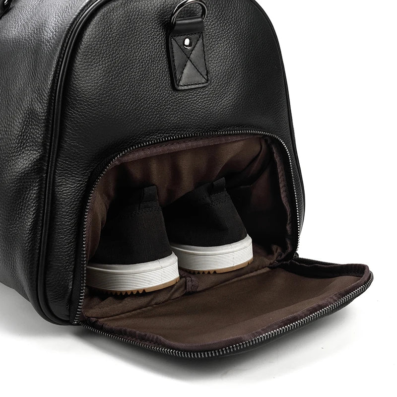 Big Capacity Genuine Leather Travel Bag For Men Women Soft Black Cowhide Casual Travel Duffel Large Luggage Weekend Shoulder Bag
