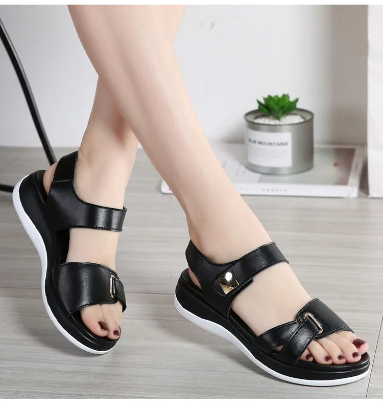 WOIZGIC Women Female Ladies Mother Genuine Leather Shoes Sandals Flats Soft Hook Loop Korean Bling Summer Beach Size 35-40