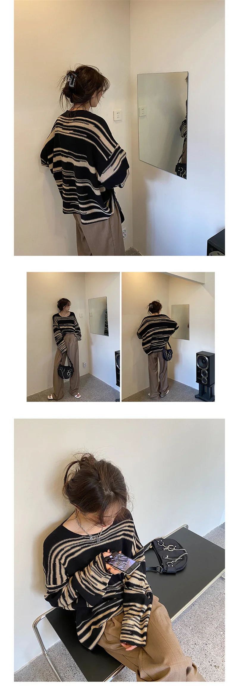 LMQ NEW Women Punk Gothic Striped Long Sleeve Loose Patchwork Sweater Hip Hop Retro Oversize Pullover Casual Knitted Jumpers