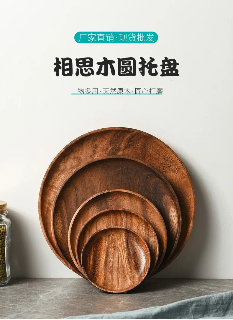 Japanese Household Dishes Acacia Wood Round Tableware Salad Dessert Tray Vintage Wood Dinnerware Set Plates Serving Platter