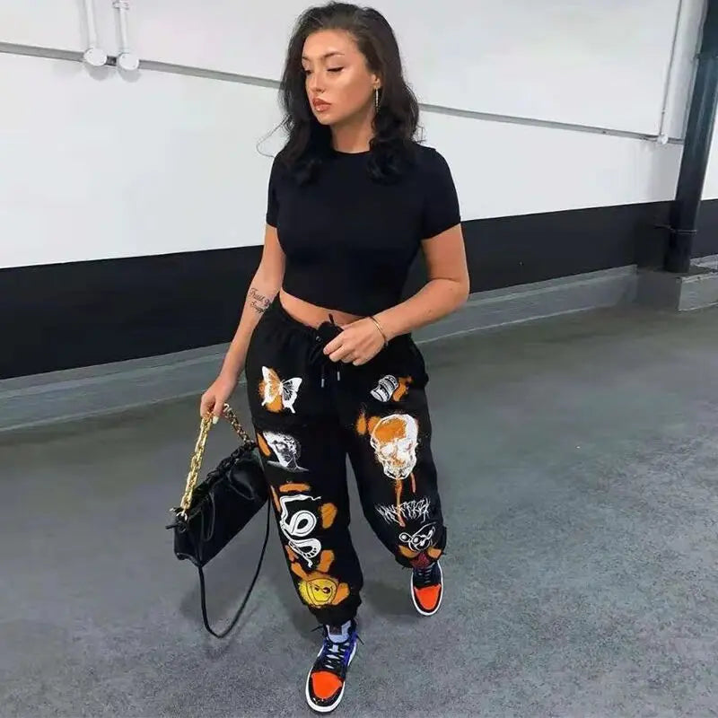 Sweatpants Women Hippie Cartoon Printed Trouser Joggers for Women Drawstring Cargo Pants Streetwear Casual Sweatpant Vamos Todos
