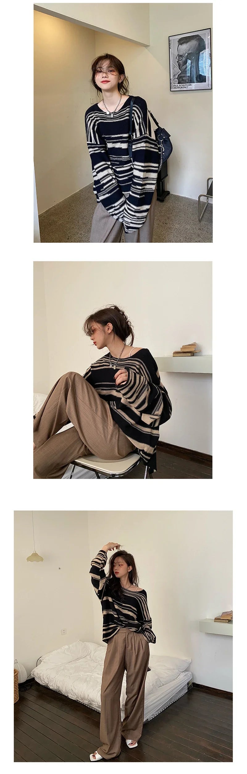 LMQ NEW Women Punk Gothic Striped Long Sleeve Loose Patchwork Sweater Hip Hop Retro Oversize Pullover Casual Knitted Jumpers