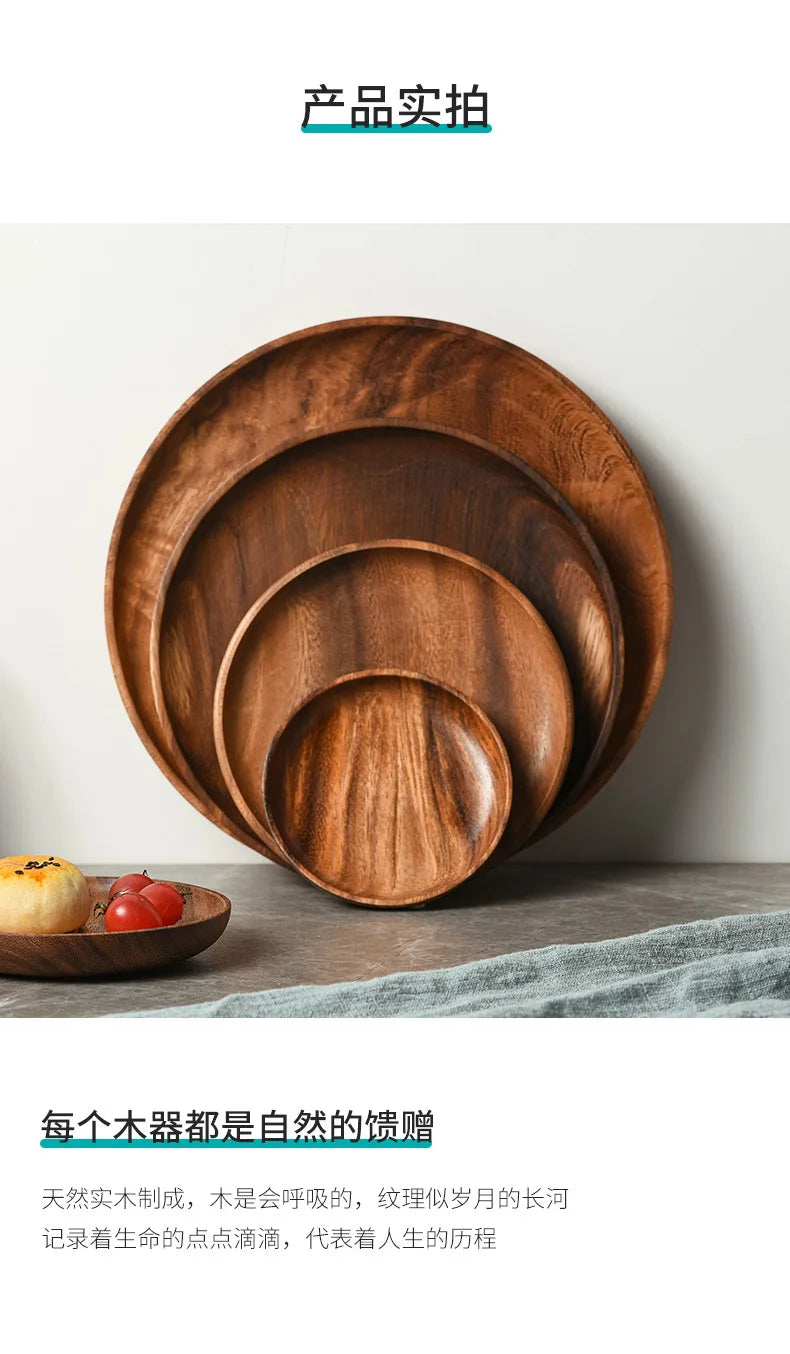 Japanese Household Dishes Acacia Wood Round Tableware Salad Dessert Tray Vintage Wood Dinnerware Set Plates Serving Platter