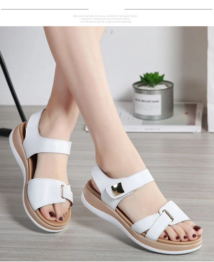 WOIZGIC Women Female Ladies Mother Genuine Leather Shoes Sandals Flats Soft Hook Loop Korean Bling Summer Beach Size 35-40