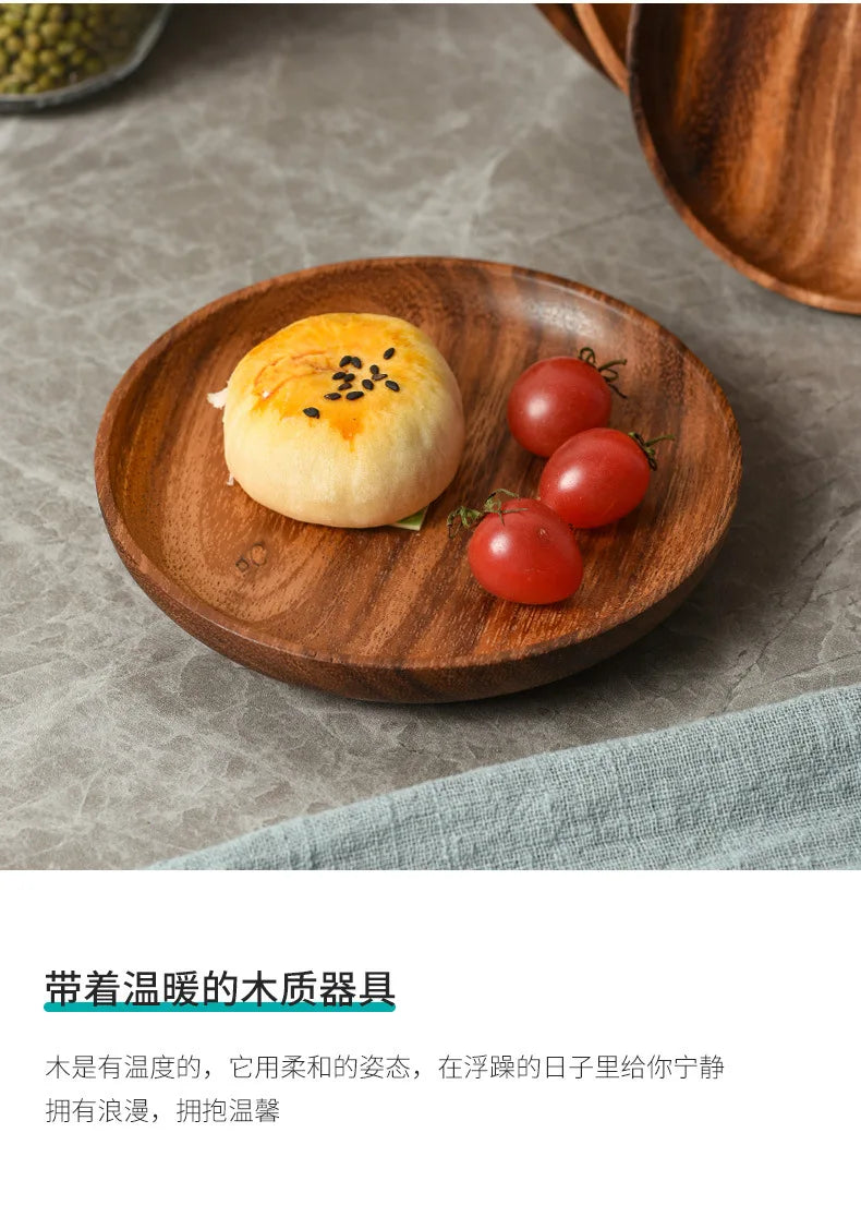 Japanese Household Dishes Acacia Wood Round Tableware Salad Dessert Tray Vintage Wood Dinnerware Set Plates Serving Platter