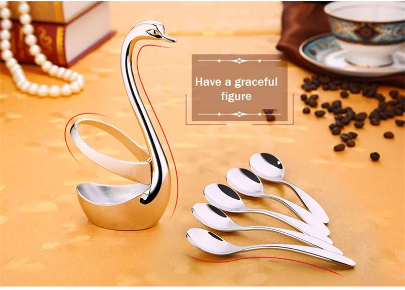 Portable fork and spoon cutlery set 304 stainless steel cutlery with swan rack table fork and spoon storage rack cutlery set