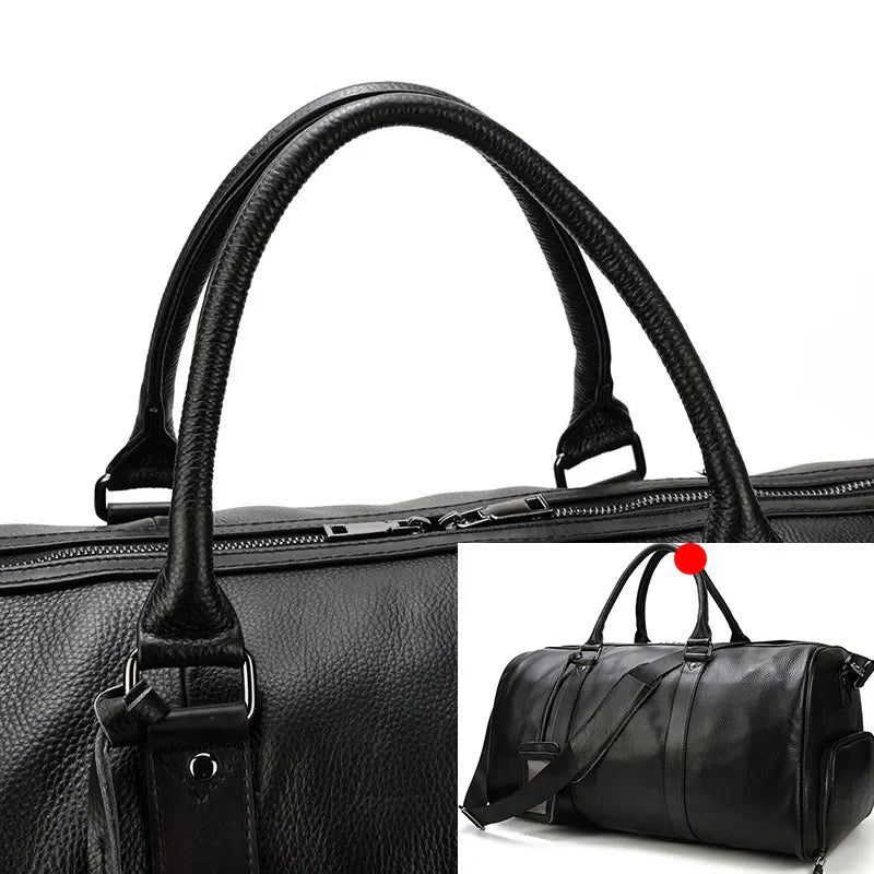 Big Capacity Genuine Leather Travel Bag For Men Women Soft Black Cowhide Casual Travel Duffel Large Luggage Weekend Shoulder Bag