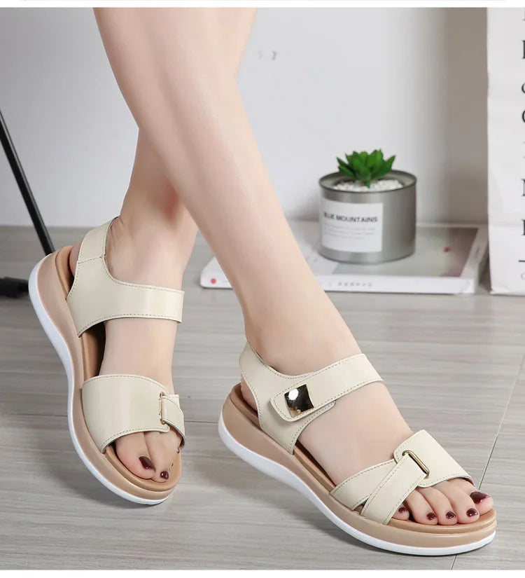 WOIZGIC Women Female Ladies Mother Genuine Leather Shoes Sandals Flats Soft Hook Loop Korean Bling Summer Beach Size 35-40