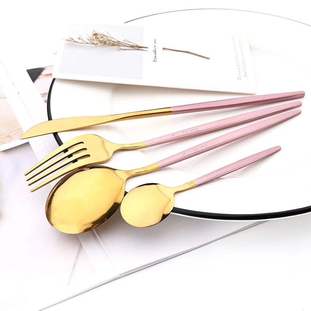 Drmfiy Pink Silver Stainless Steel Dinnerware Set Fork Knife Soup Ice Spoon Cutlery Set Western Flatware Kitchen Silverware Set