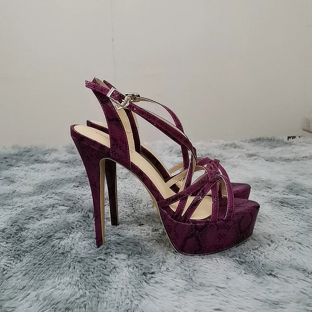 LOSLANDIFEN 2026 NEW 14CM Open Toe Platform High Heels Snake Pattern Sandals Sexy Ankle Strap Gladiator Party Dress Women Shoes
