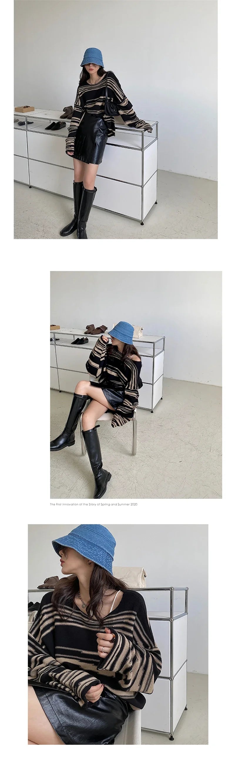 LMQ NEW Women Punk Gothic Striped Long Sleeve Loose Patchwork Sweater Hip Hop Retro Oversize Pullover Casual Knitted Jumpers