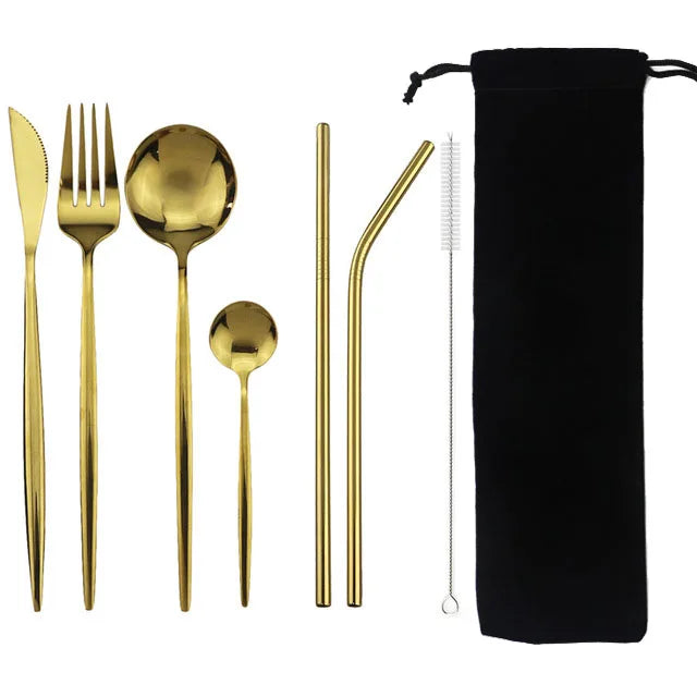 8Pcs/set Tableware Reusable Travel Cutlery Set Camp Utensils Set with stainless steel Spoon Fork Chopsticks Straw Portable case