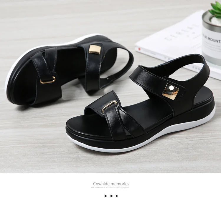 WOIZGIC Women Female Ladies Mother Genuine Leather Shoes Sandals Flats Soft Hook Loop Korean Bling Summer Beach Size 35-40